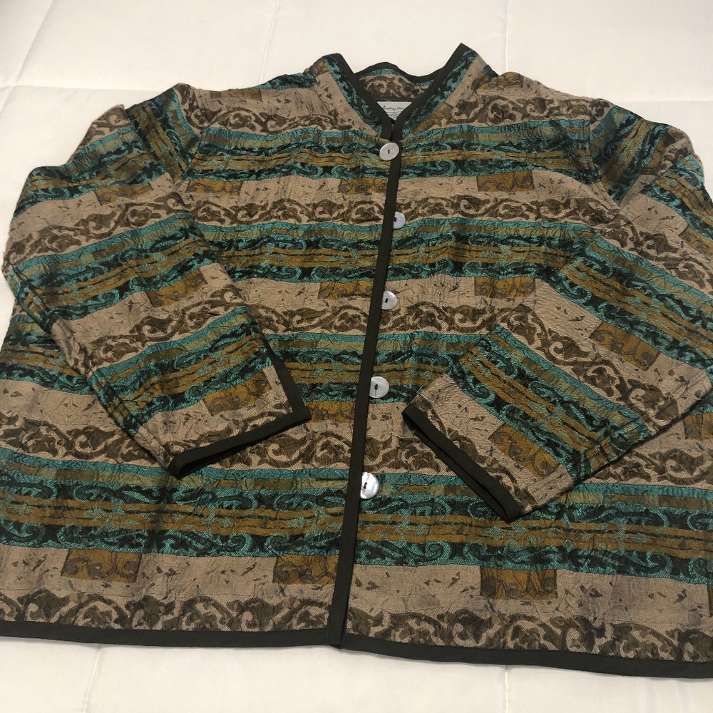 Analogy Lightweight Women's 3X Blazer Brown Beige and Turquoise Long Sleeve